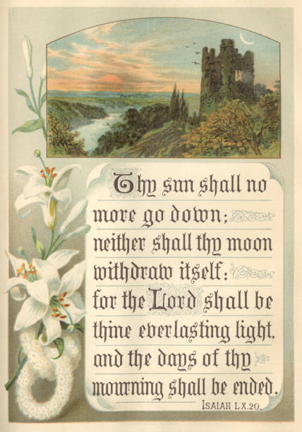 illustrazioni stock, clip art, cartoni animati e icone di tendenza di the lord shall be thine everlasting light (testo biblico vittoriano) - old fashioned scenics engraving river