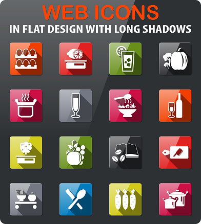 food and kitchen icons set in flat design with long shadow