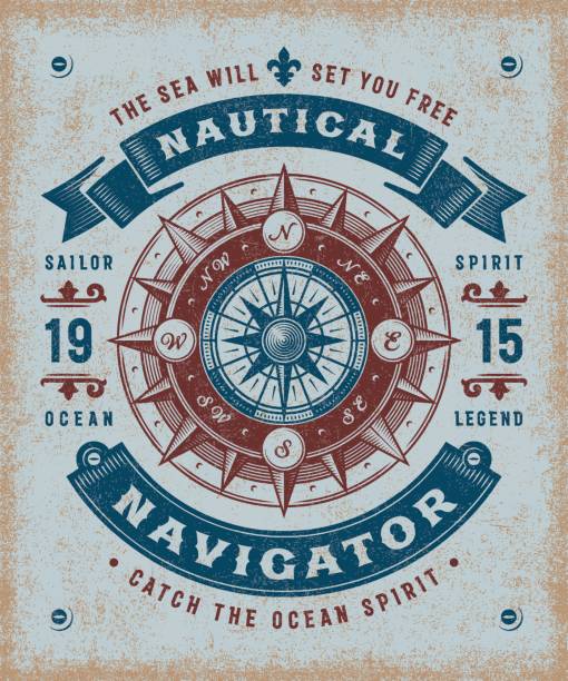 Vintage Nautical Navigator Typography Vintage nautical navigator typography, t-shirt and label graphics with compass rose. Editable EPS10 vector illustration in woodcut style. nautical compass stock illustrations