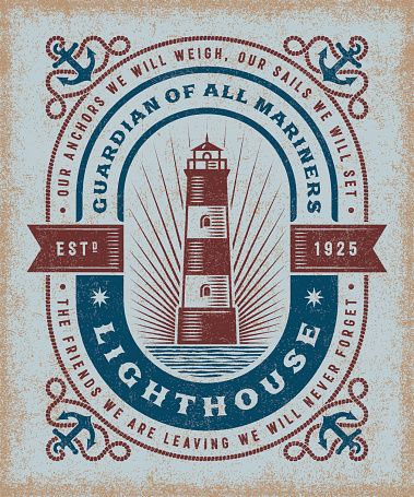 Vintage lighthouse typography, t-shirt and label graphics with clipping mask. Editable EPS10 vector illustration in woodcut style.