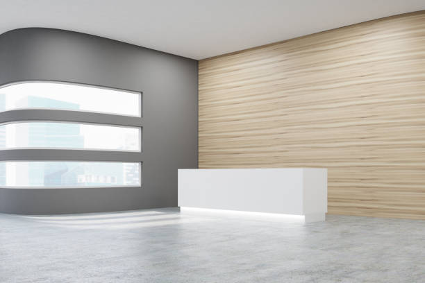 istock Side view of office with wooden walls, reception 644521174