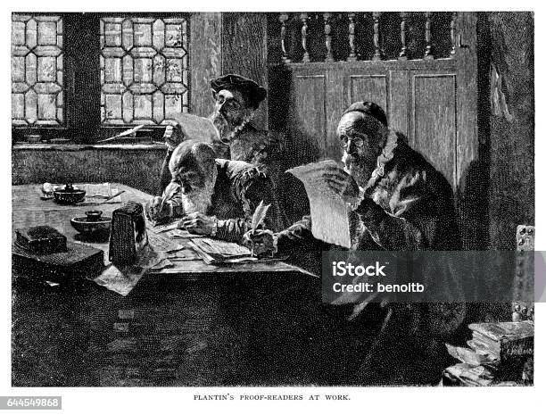 Christophe Plantins Proof Readers At Work Stock Illustration - Download Image Now - History, Proofreading, Victorian Style