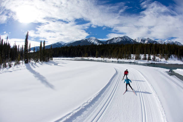 A woman leads a man on a cross-country skate ski in British Columbia, Canada. A man and woman enjoy a cross-country skate ski in the Rocky Mountains of British Columbia, Canada. canadian rockies photos stock pictures, royalty-free photos & images