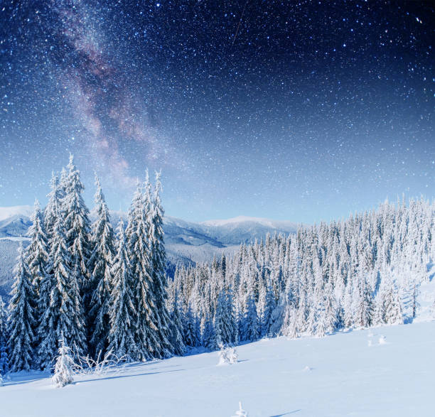 istock fantastic winter meteor shower and the snow-capped mountains. Ca 644579604