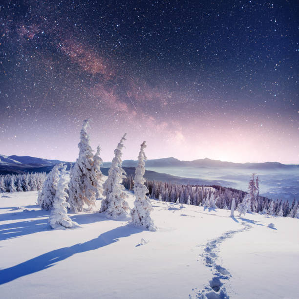 istock starry sky in winter snowy night. fantastic milky way 644579794