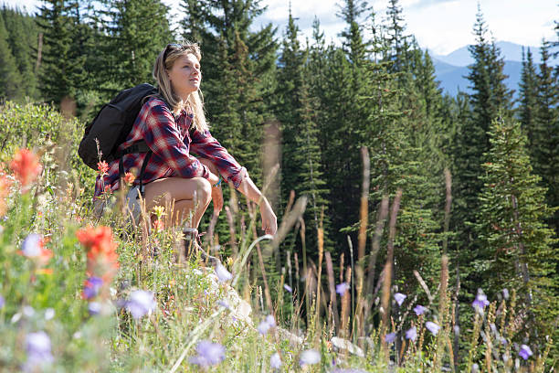 istock Young woman hiker pauses in mountain meadow 644595987