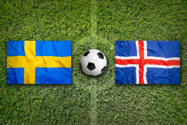 istock Sweden vs. Iceland flags on soccer field 644597520