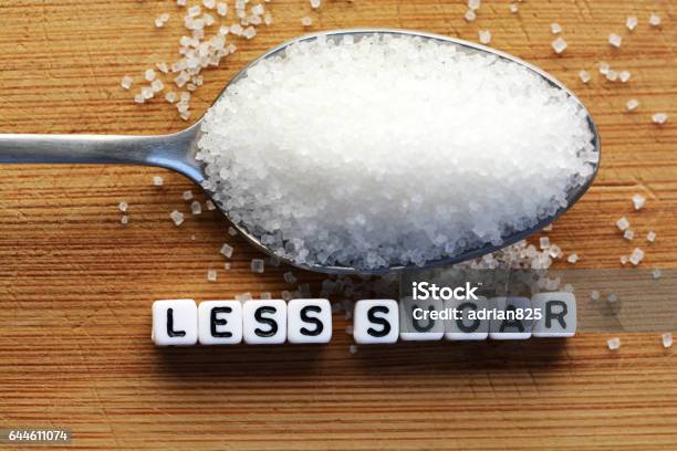 Less Sugar Text From Tiled Letter Blocks And Sugar Pile On A Spoon Suggesting Dieting Concept Stock Photo - Download Image Now