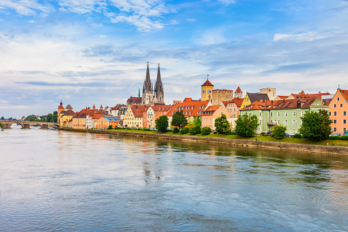 Cityscape stock photo of colorful old town Regensburg, Bavaria, Germany with the Danube River. The medieval centre of the city is a UNESCO World Heritage Site