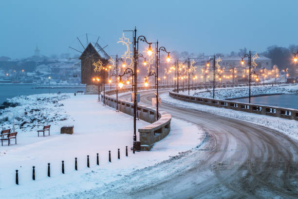 Nessebar city in winter covered in snow