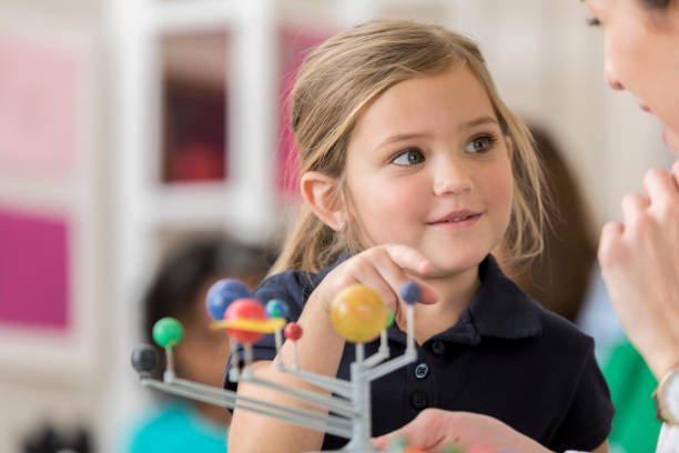 istock Adorable little girl asks teacher a question about solar system 644682076