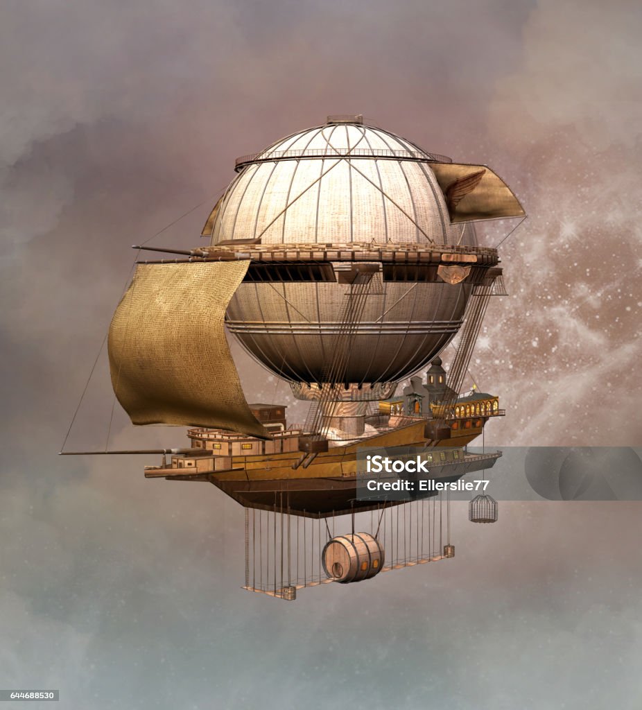 Vintage steampunk airship Vintage steampunk airship - 3D illustration Steampunk stock illustration