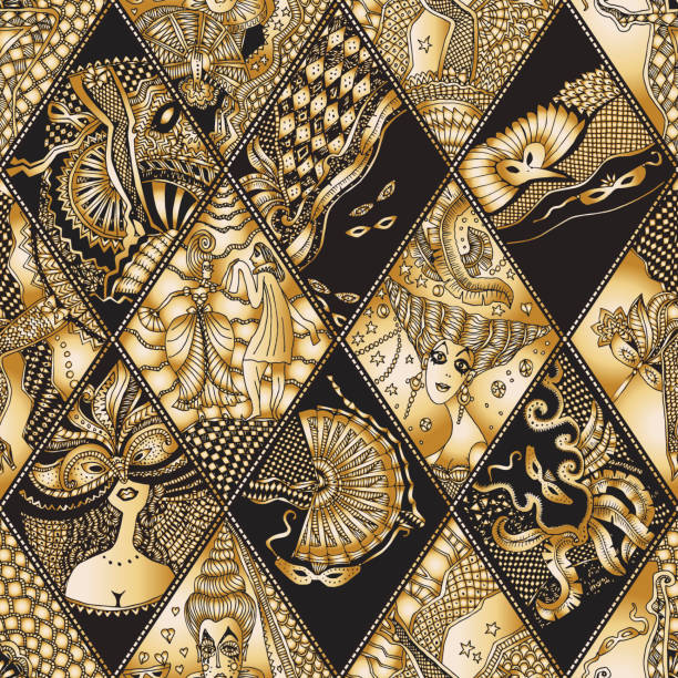 Vector abstract Masquerade ornament. Carnival Party seamless pattern. Harlequin rhombus. Mardi Gras holiday. Black and white hand drawn doodle sketch. Ornaments, feathers, checkered texture Vector abstract Masquerade ornament. Carnival Party seamless pattern. Harlequin rhombus. Mardi Gras holiday. Black and golden hand drawn doodle sketch. Ornaments, feathers, checkered texture drawing of a women wearing garter belts stock illustrations