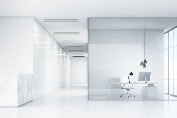 istock Side view of white office with marble desk 644715558