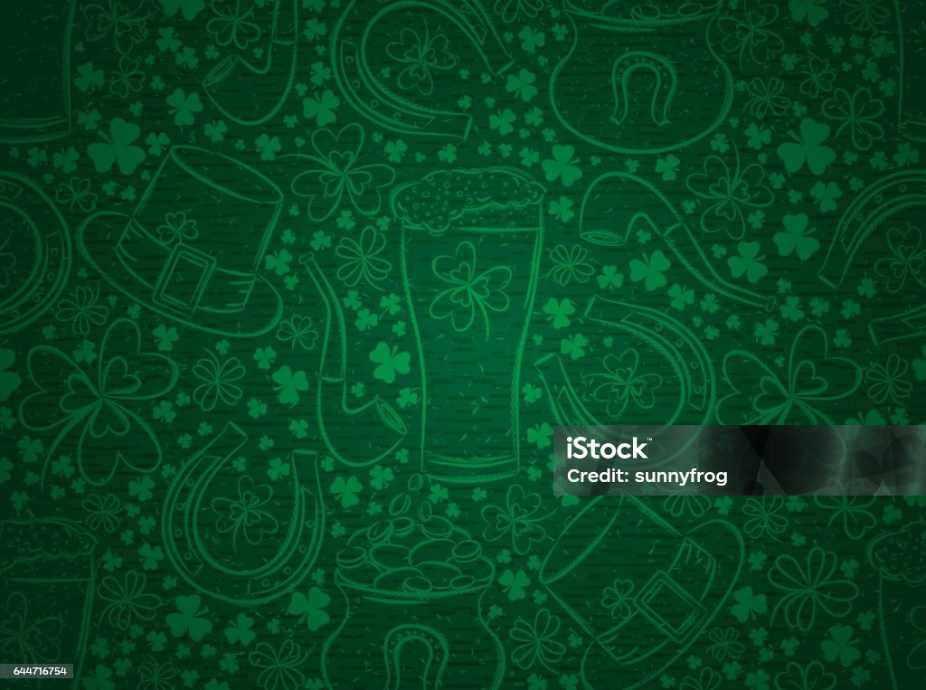 Green  background for Patricks day with ber mug, horseshoe, shamrocks Green  background for Patricks day with ber mug, horseshoe, hat, pipe and shamrocks, vector illustration St. Patrick's Day stock vector