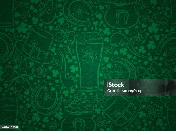 Green Background For Patricks Day With Ber Mug Horseshoe Shamrocks Stock Illustration - Download Image Now