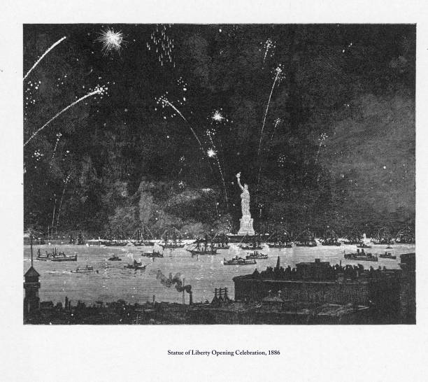 Beautifully Illustrated Antique Engraved Victorian Illustration of Statue of Liberty Opening Celebration Victorian Engraving, 1886. Source: Original edition from my own archives. Copyright has expired on this artwork. Digitally restored.