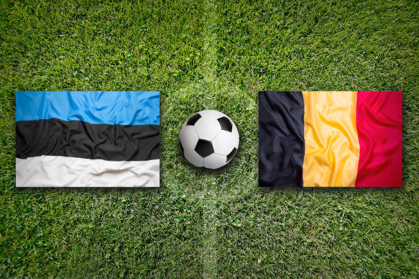 istock Estonia vs. Belgium flags on soccer field 644842976