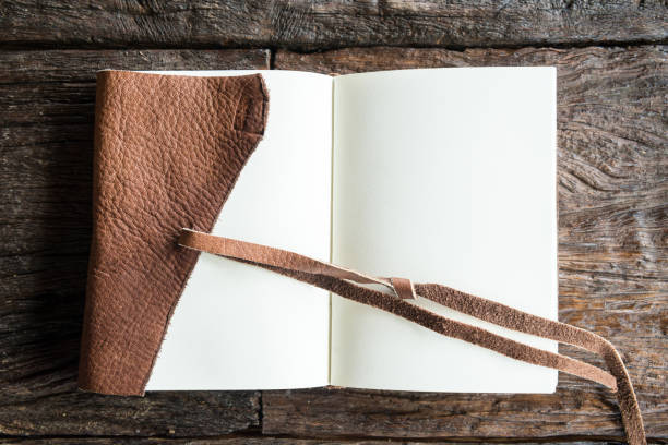 istock The leather book on the wood table. 644917386