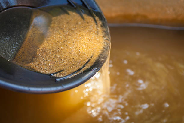close up of gold panning pan with sifting sand. shallow depth of field with focus on sand flowing over edge of pan into water. - sifting imagens e fotografias de stock