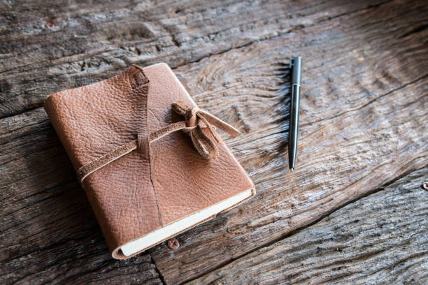 istock The leather book on the wood table. 644919500