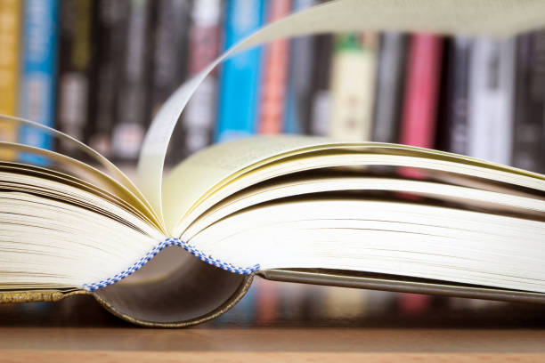 istock opened book page with blurry bookshelf background 644925946