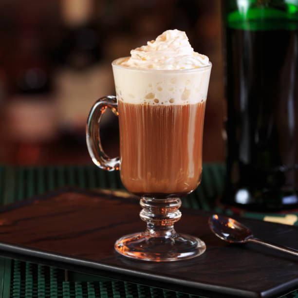 Irish coffee in a bar. Concept of St Patrick holiday. Holiday background