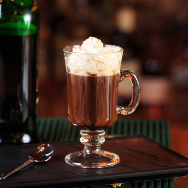Irish coffee in a bar. Concept of St Patrick holiday. Holiday background