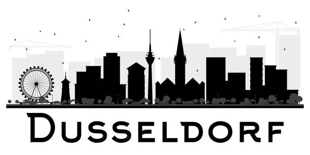 Dusseldorf City skyline black and white silhouette. Dusseldorf City skyline black and white silhouette. Vector illustration. Simple flat concept for tourism presentation, banner, placard or web site. Cityscape with landmarks düsseldorf stock illustrations