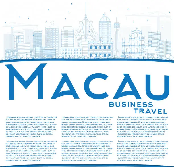 Vector illustration of Outline Macau Skyline with Blue Buildings and Copy Space.