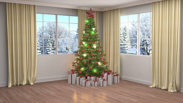 istock Christmas tree with decorations in the living room. 3d illustration 644948836