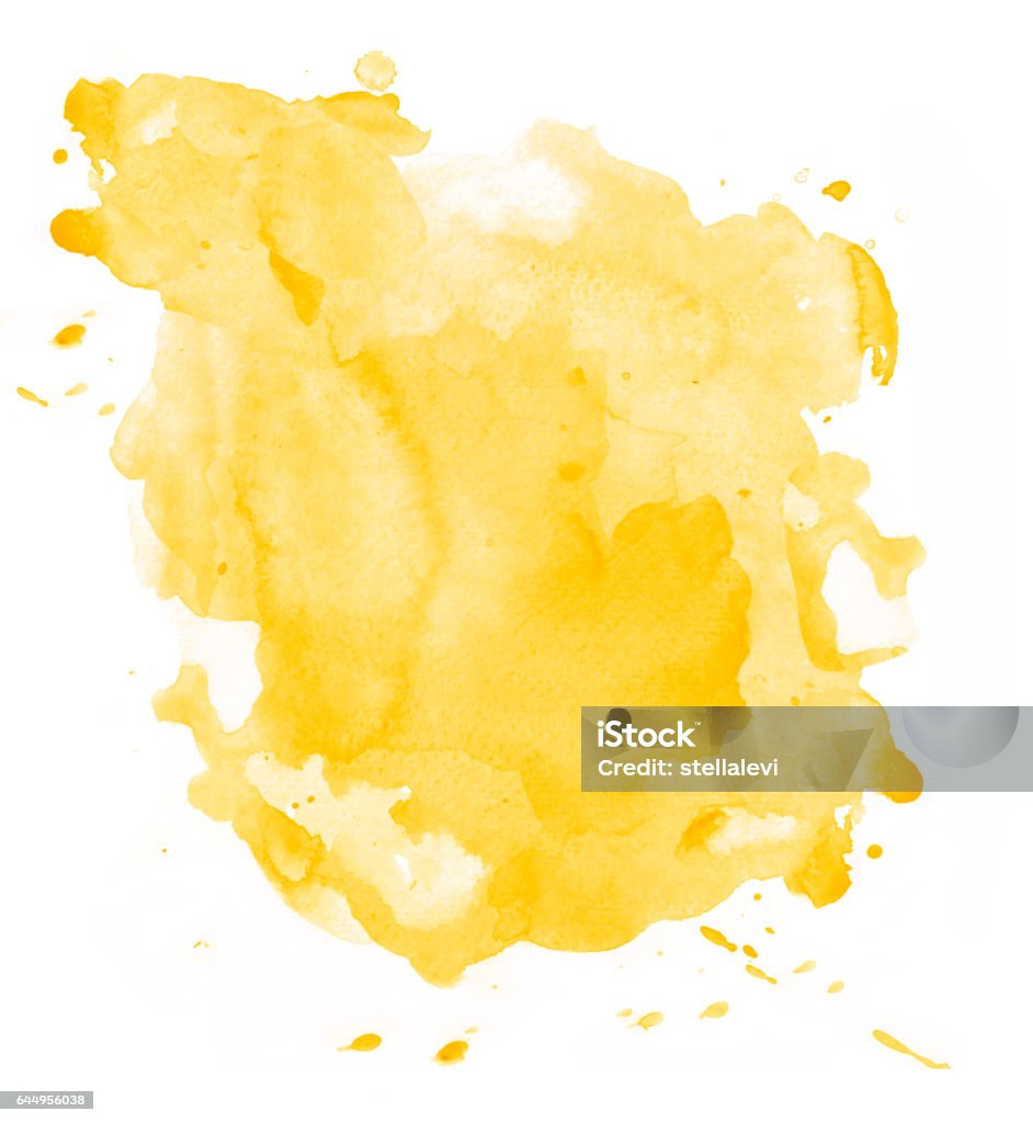 Yellow watercolor background isolated Yellow watercolor spot with splashes on white watercolor paper Watercolor Painting stock illustration