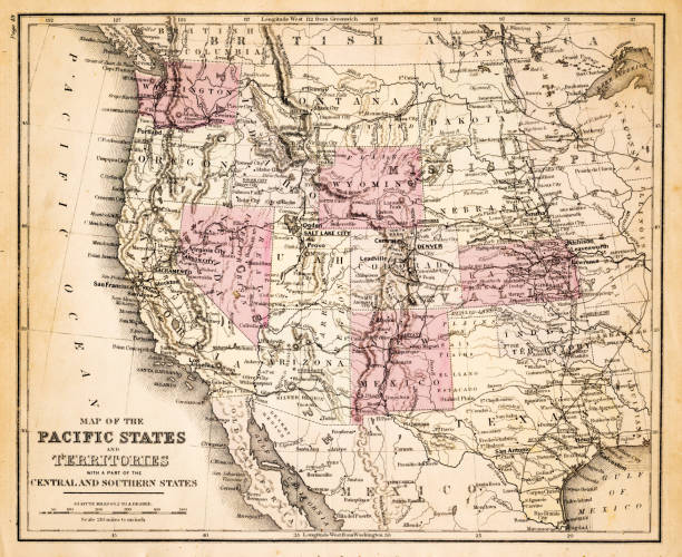 ilustraciones, imágenes clip art, dibujos animados e iconos de stock de mapa de pacífico estados eeuu 1883 - montana map usa old