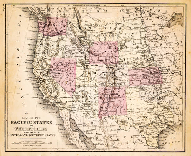 карта тихоокеанских государств сша 1883 - montana map usa old stock illustrations