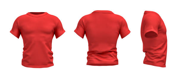 istock 3d rendering of a red T-shirt shaped as a realistic male torso in front, side and back view 644958866