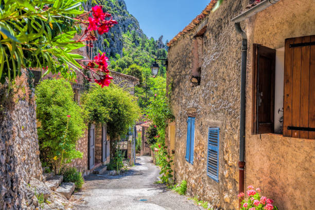 Moustiers Sainte Marie village with street in Provence, France Moustiers Sainte Marie village with street in Provence, France alpes de haute provence photos stock pictures, royalty-free photos & images