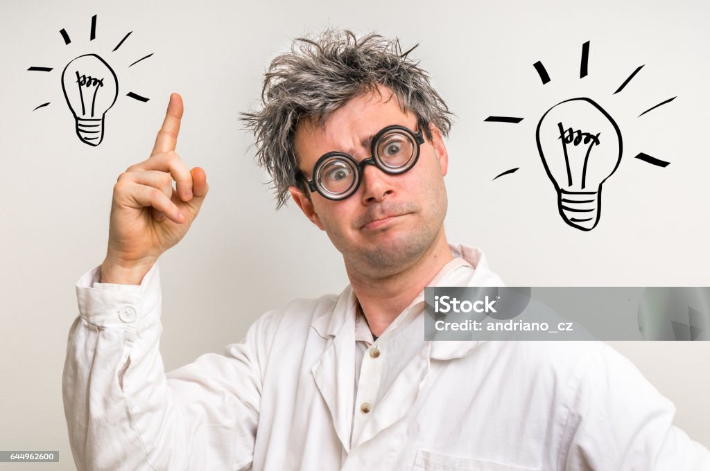 Crazy scientist got the great idea with bulb symbol Crazy scientist got the great idea in laboratory with bulb symbol Scientist Stock Photo