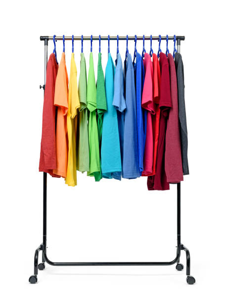 istock Mobile rack with color clothes on white background 644963996