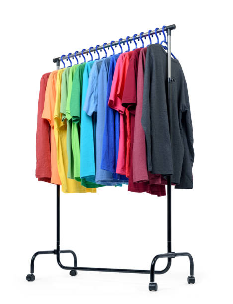 istock Mobile rack with color clothes on white background 644964004