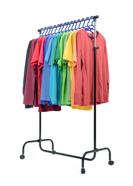 istock Mobile rack with color clothes on white background 644964010