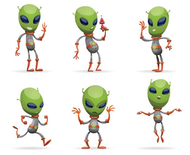 Set of funny green aliens Vector set of cartoon images of funny green aliens with big eyes and small antennas on their heads in gray-orange spacesuits on a white background. Positive character. Vector illustration. alien invasion stock illustrations