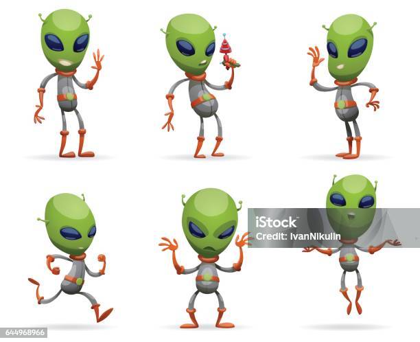Set Of Funny Green Aliens Stock Illustration - Download Image Now - Alien, Cartoon, Cute