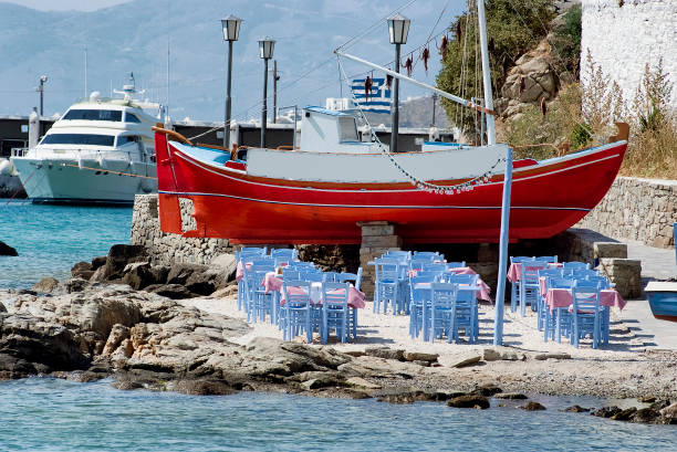 Seaside dining, beach bar restaurant in Mykonos stock photo