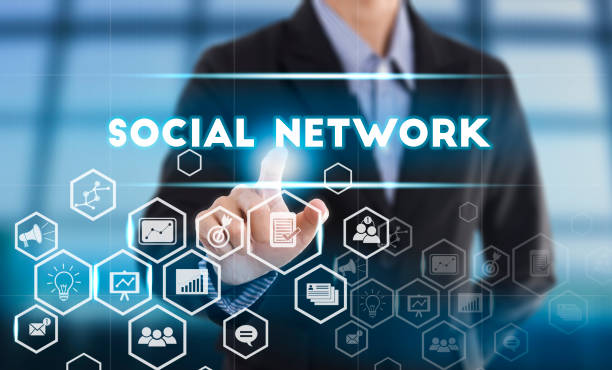 istock Businessman hand pressing button social network. 644986836