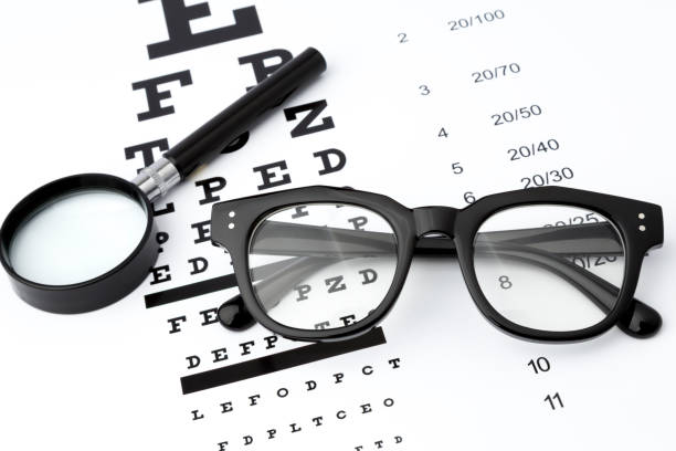 istock eyesight test with black small magnifier, black glasses and snellen chart 644987878