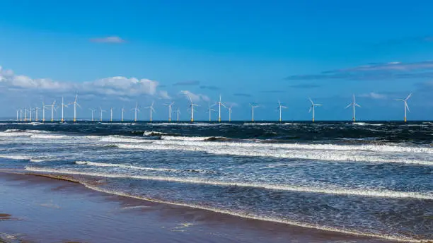North Sea coast and wind turbines in Redcar, Redcar and Cleveland, UK