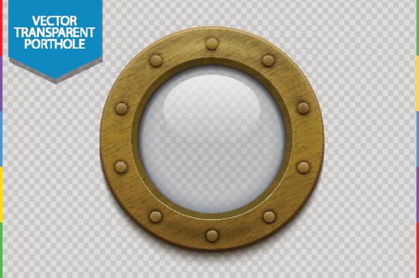 Bronze or brass ship porthole with glass Isolated on transparent background. Rivets mount design porthole stock illustrations