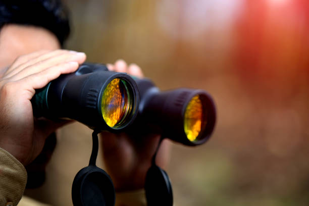 Men looking through binoculars stock photo