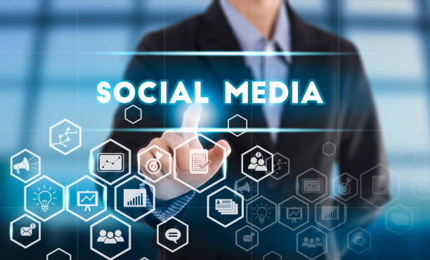 istock Businessman hand pressing button social media. sign on virtual screen. 645004806