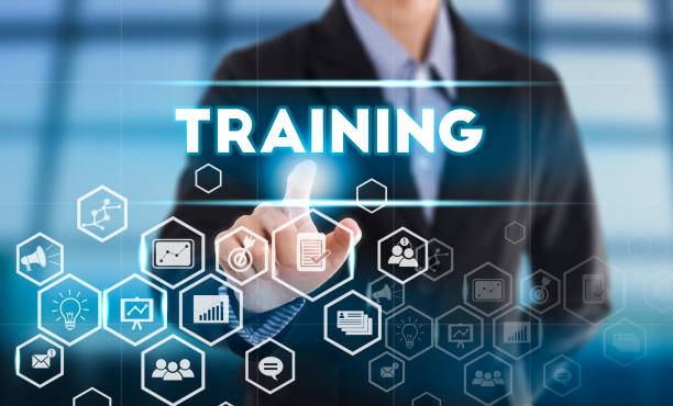 istock Businessman hand pressing button Training. sign on virtual screen. 645008394